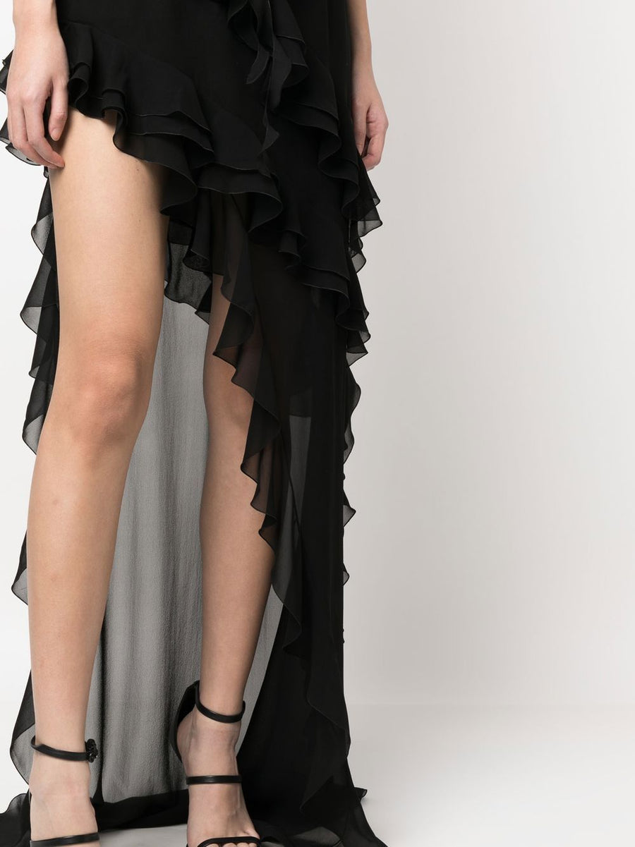 Alessandra Rich Elegant Silk Georgette Evening Dress With Ruffles And Crystal Buckle For Women Black