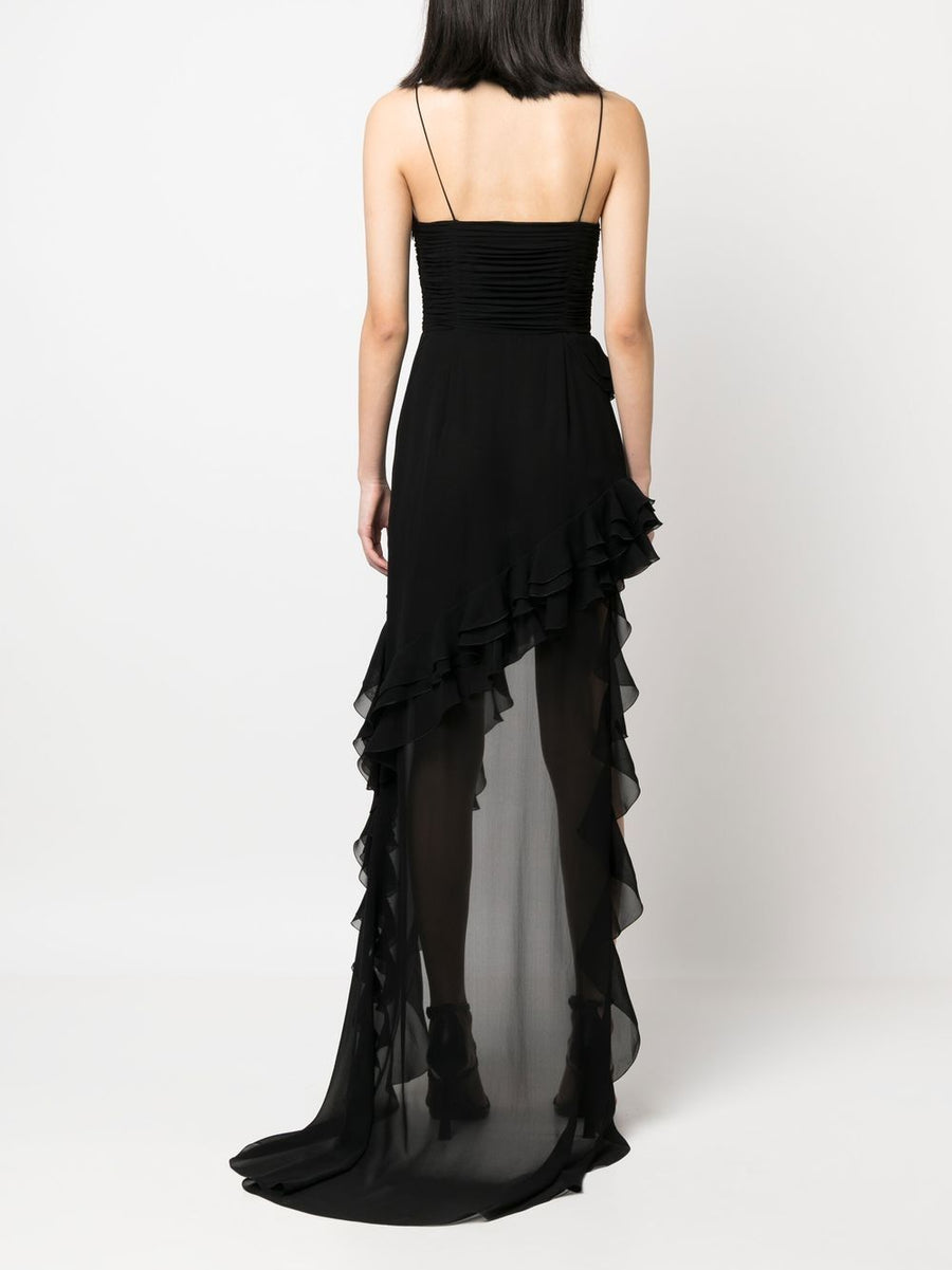 Alessandra Rich Elegant Silk Georgette Evening Dress With Ruffles And Crystal Buckle For Women Black