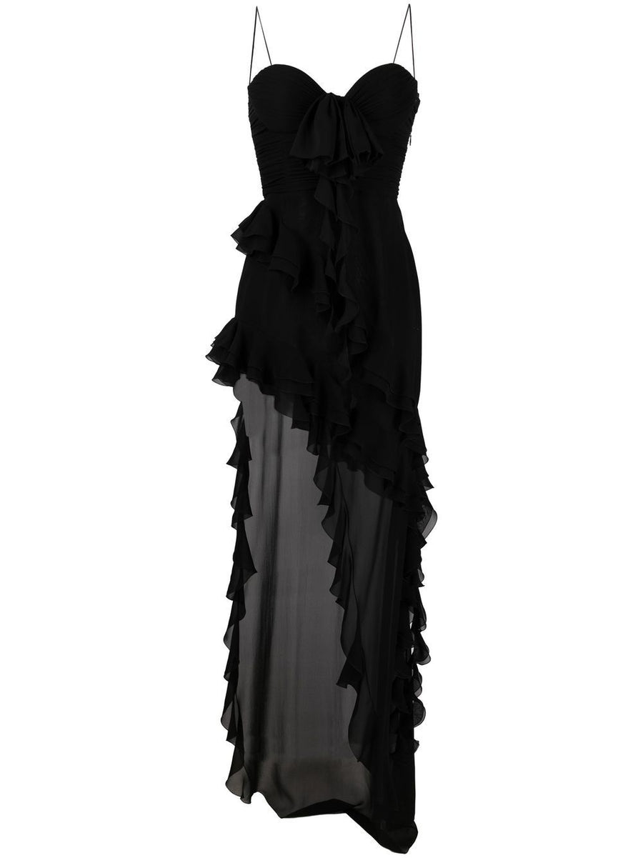 Alessandra Rich Elegant Silk Georgette Evening Dress With Ruffles And Crystal Buckle For Women Black