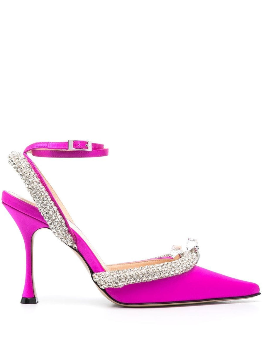Mach And Mach Luxurious Crystal Embellished Slingback Pumps With Fuchsia Satin For Women Eveningwear