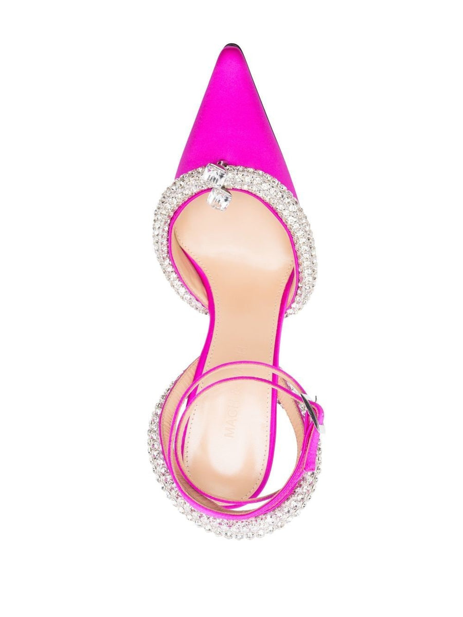 Mach And Mach Luxurious Crystal Embellished Slingback Pumps With Fuchsia Satin For Women Eveningwear