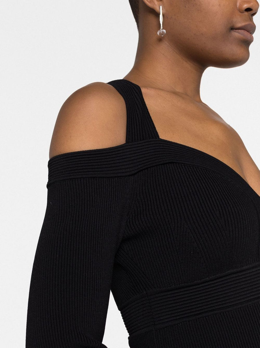 Alexander McQueen Ribbed Knit Mini Dress V Neck Black For Women All Season Luxury Cocktail Ready