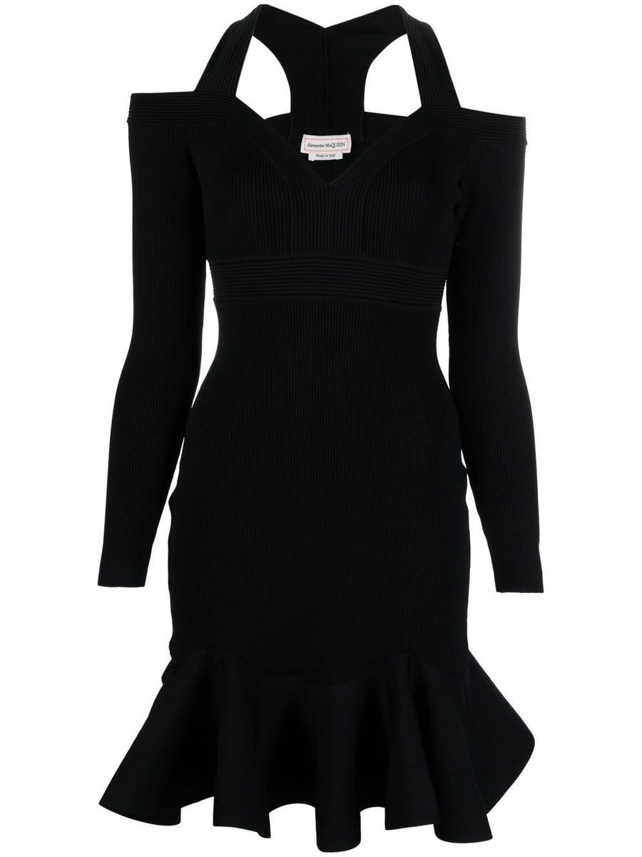 Alexander McQueen Ribbed Knit Mini Dress V Neck Black For Women All Season Luxury Cocktail Ready