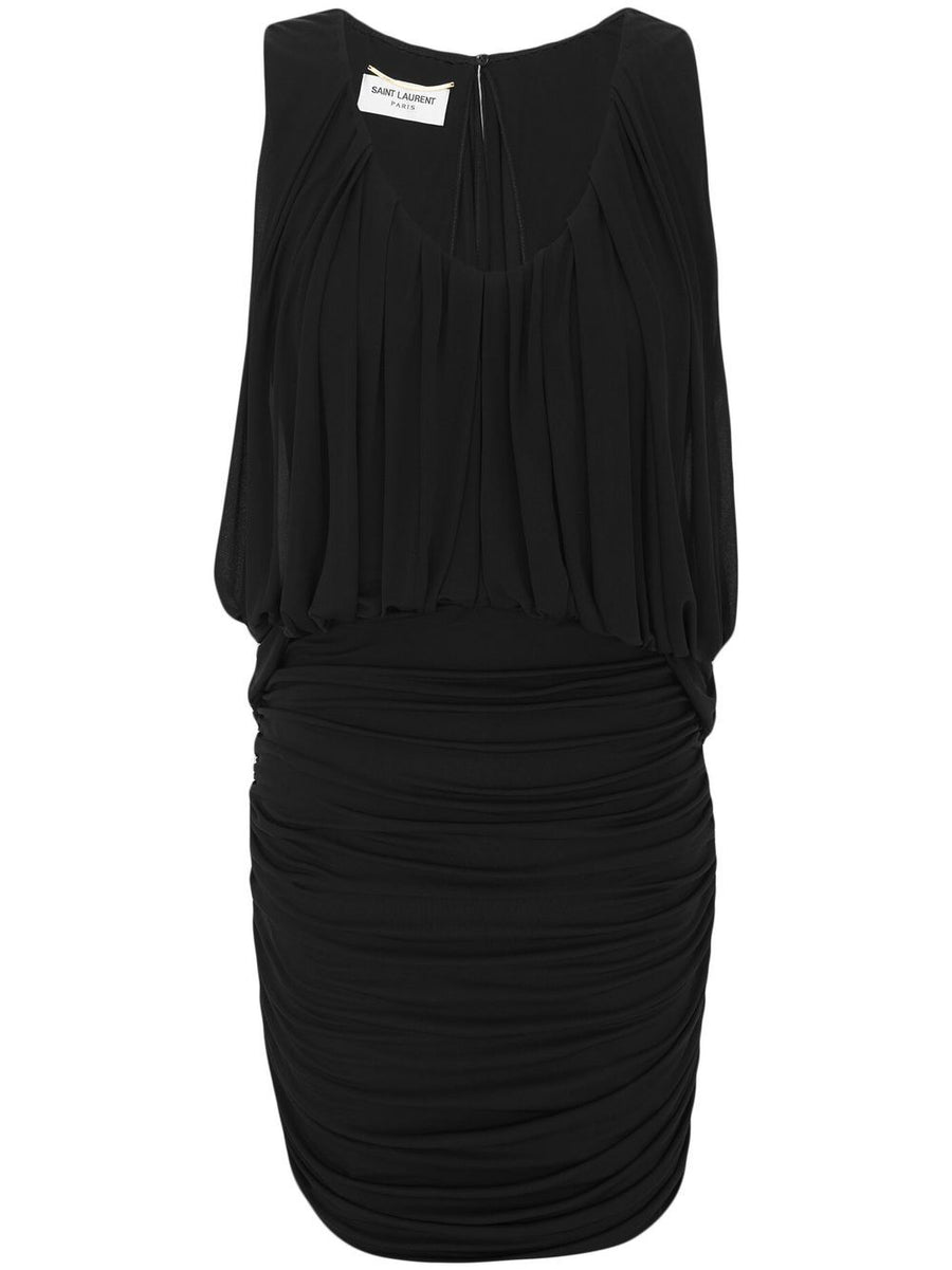 Saint Laurent Sleeveless Draped Minidress Black With Ruched Detailing For Women Versatile Eveningwear