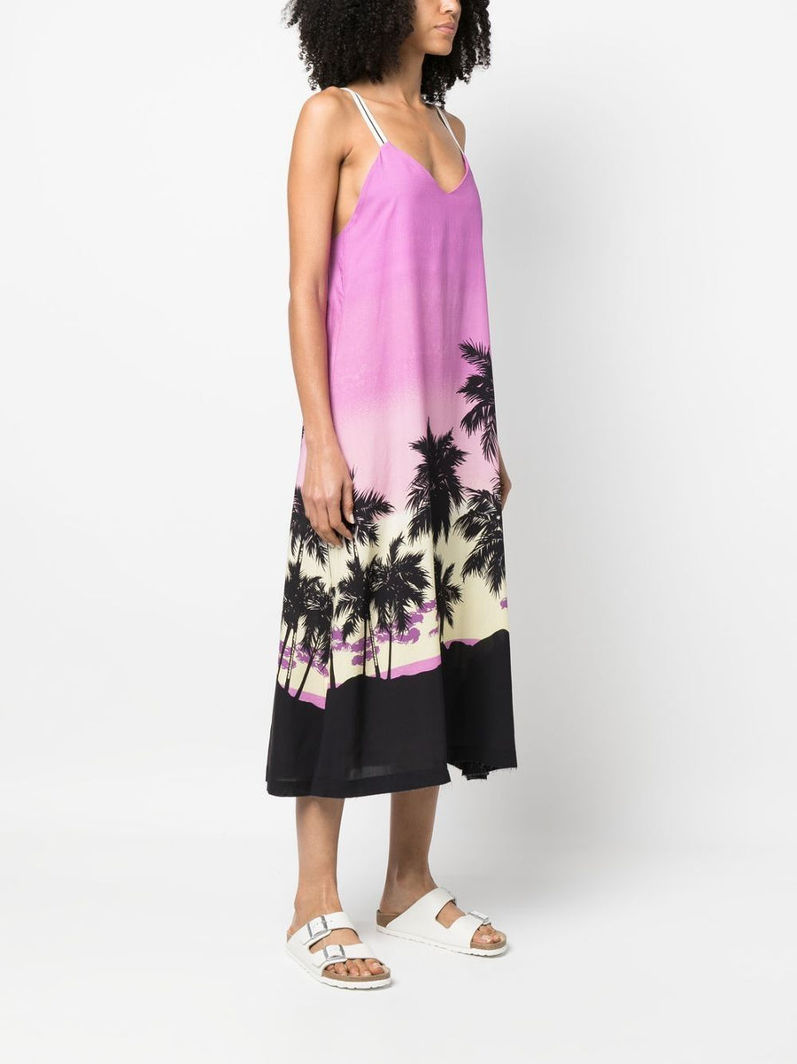 Palm Angels Sunset Print Midi Dress For Women Bold Palm Tree Sunset Motif Refined Calf Length Shift