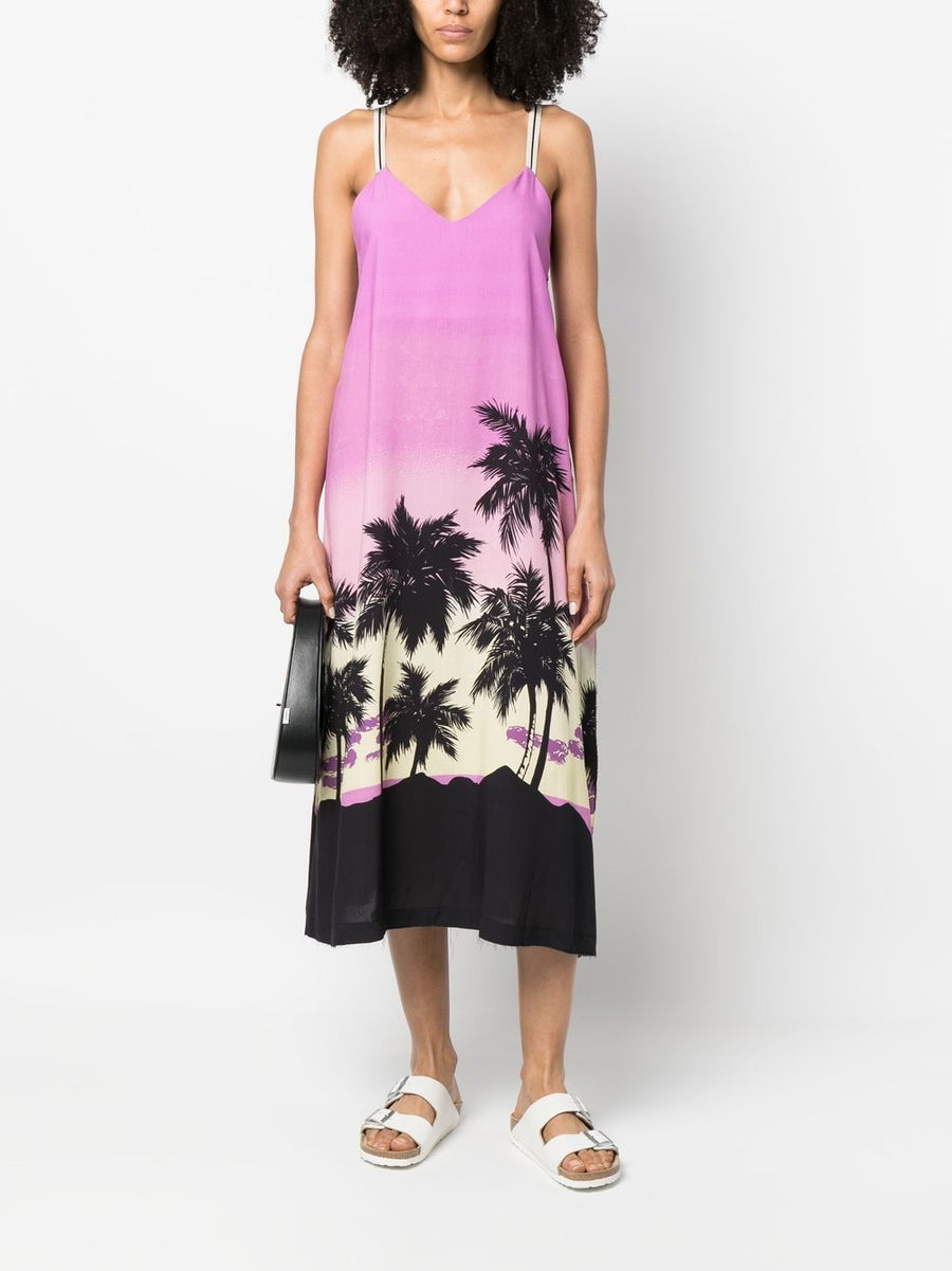 Palm Angels Sunset Print Midi Dress For Women Bold Palm Tree Sunset Motif Refined Calf Length Shift