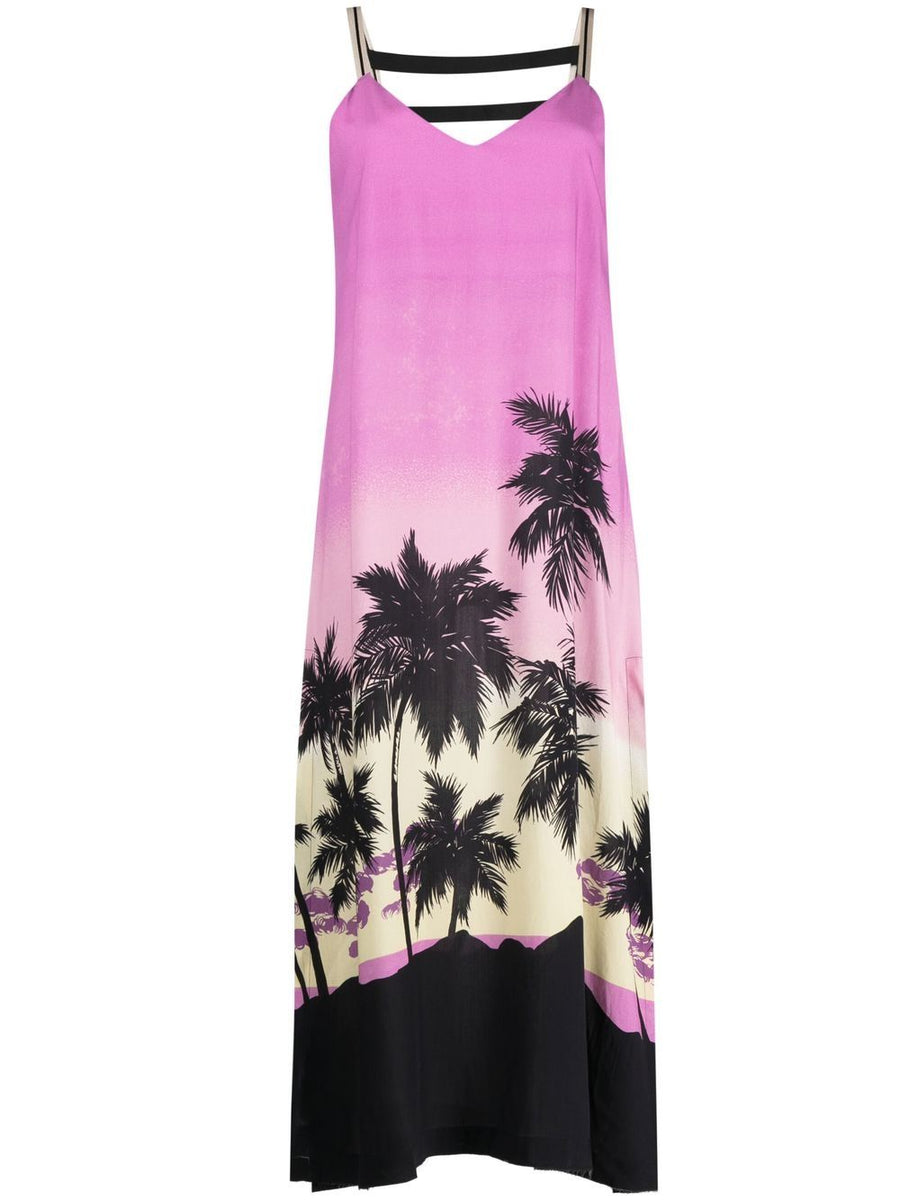 Palm Angels Sunset Print Midi Dress For Women Bold Palm Tree Sunset Motif Refined Calf Length Shift