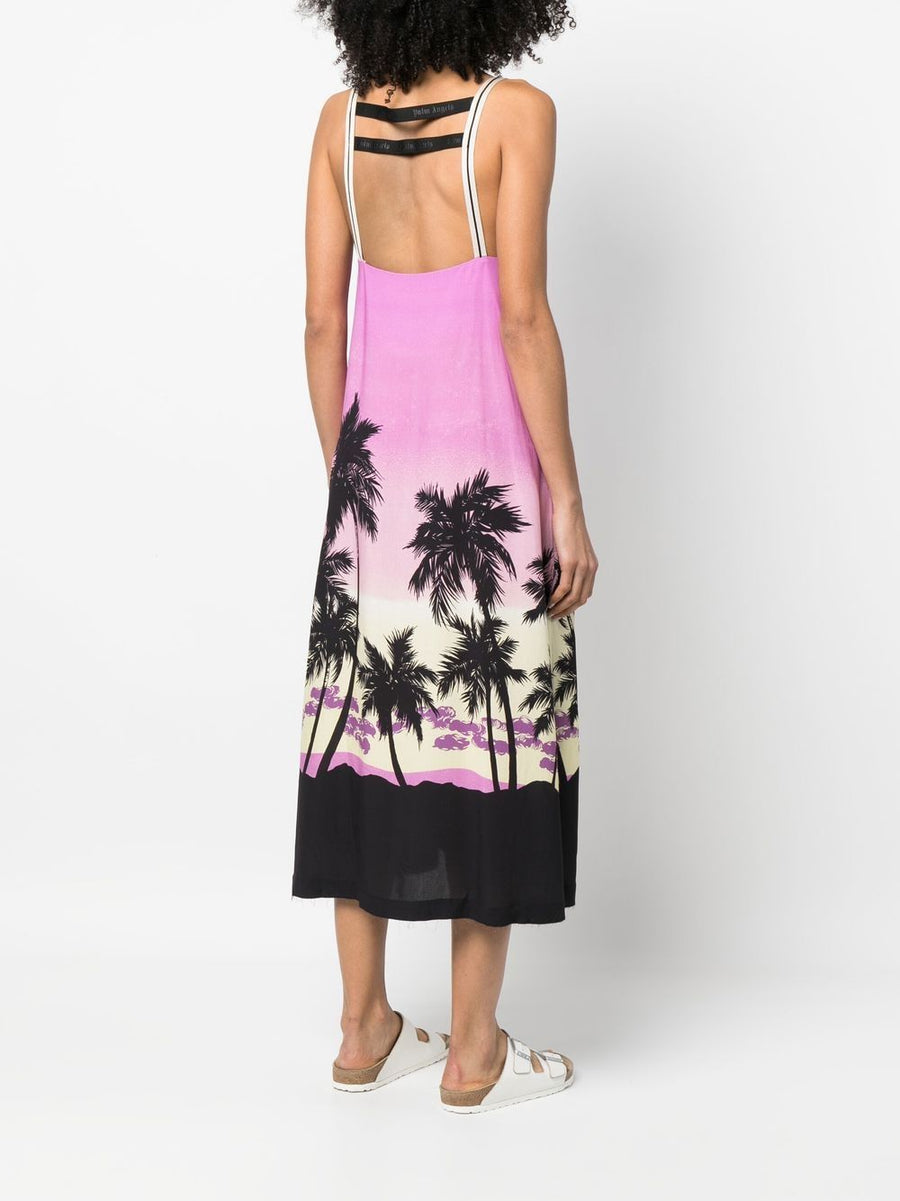 Palm Angels Sunset Print Midi Dress For Women Bold Palm Tree Sunset Motif Refined Calf Length Shift
