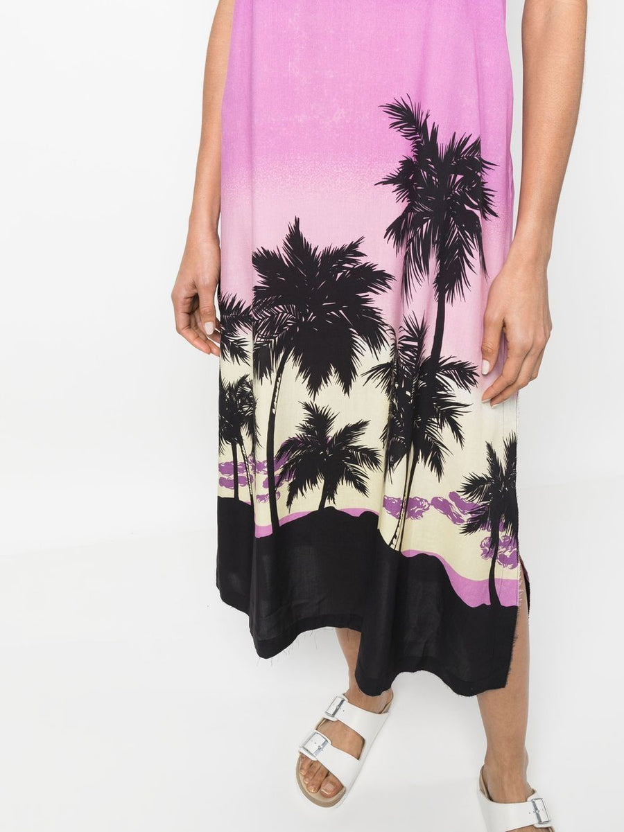 Palm Angels Sunset Print Midi Dress For Women Bold Palm Tree Sunset Motif Refined Calf Length Shift