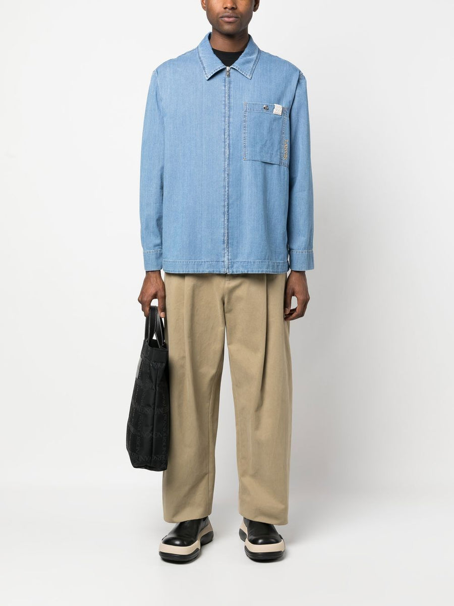 Lanvin Zip Up Denim Shirt For Men, Cotton 100%, Front Zip Closure, Embroidered Logo, Layering Essential