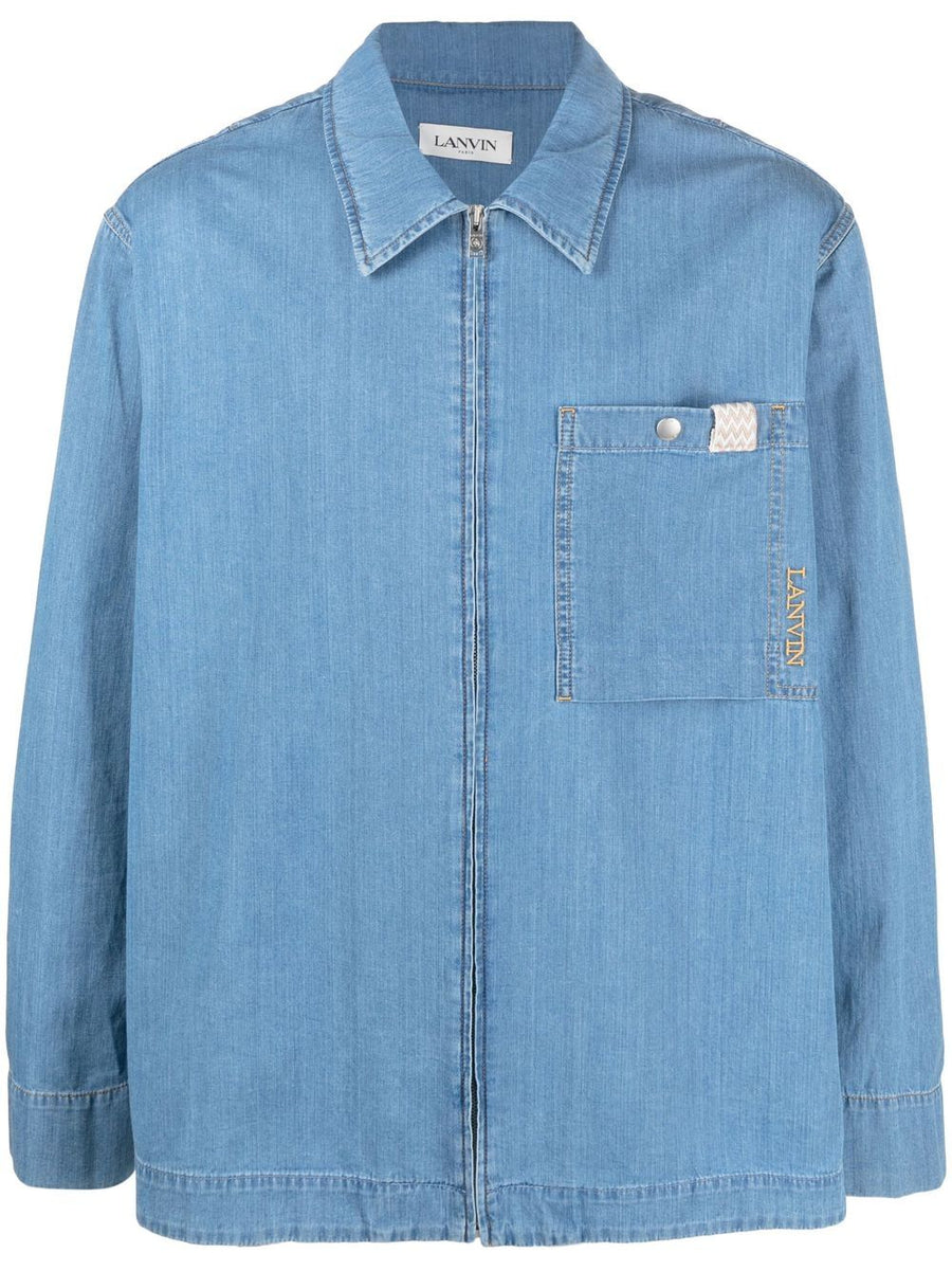 Lanvin Zip Up Denim Shirt For Men, Cotton 100%, Front Zip Closure, Embroidered Logo, Layering Essential