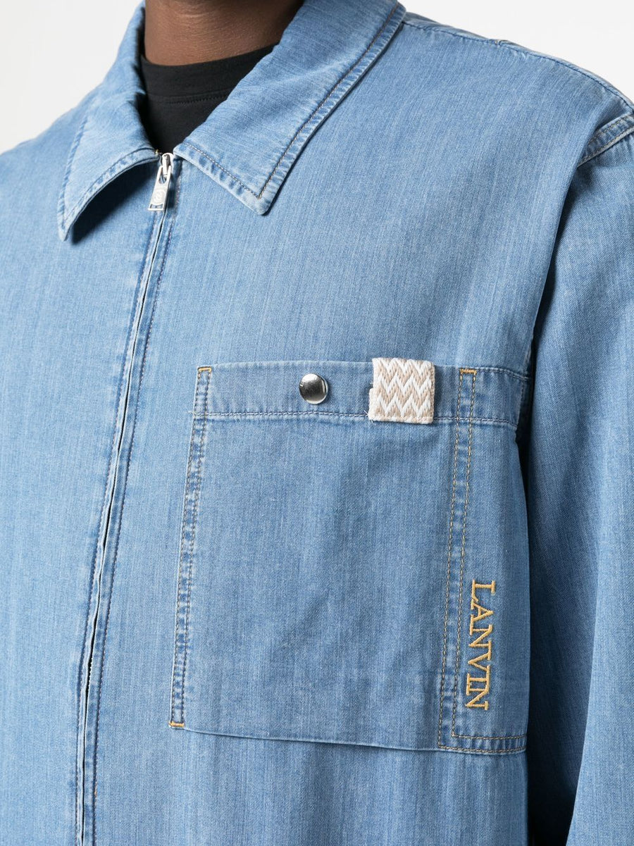 Lanvin Zip Up Denim Shirt For Men, Cotton 100%, Front Zip Closure, Embroidered Logo, Layering Essential