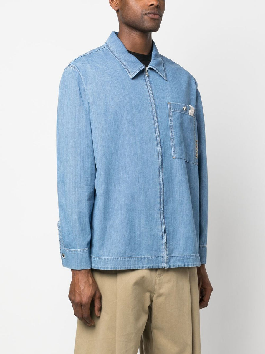 Lanvin Zip Up Denim Shirt For Men, Cotton 100%, Front Zip Closure, Embroidered Logo, Layering Essential