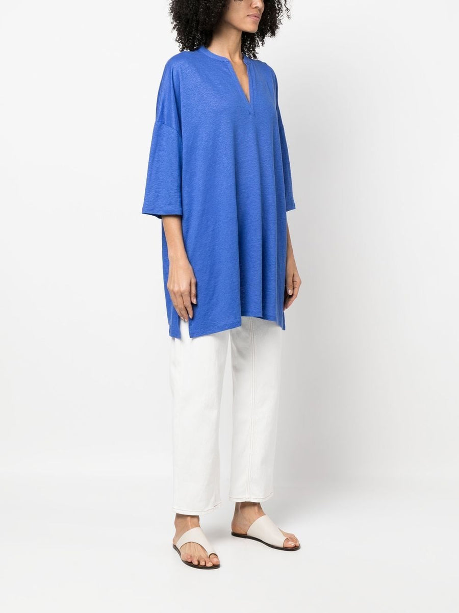 Majestic Linen Blend Tunic Dress for Women with Three Quarter Sleeves and Breathable V Neck Comfort