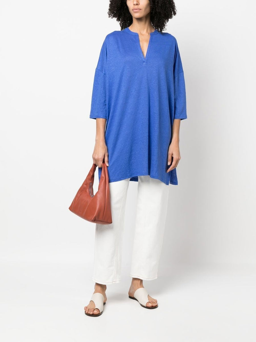 Majestic Linen Blend Tunic Dress for Women with Three Quarter Sleeves and Breathable V Neck Comfort