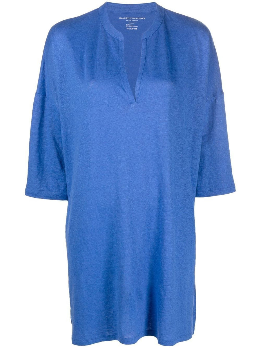 Majestic Linen Blend Tunic Dress for Women with Three Quarter Sleeves and Breathable V Neck Comfort