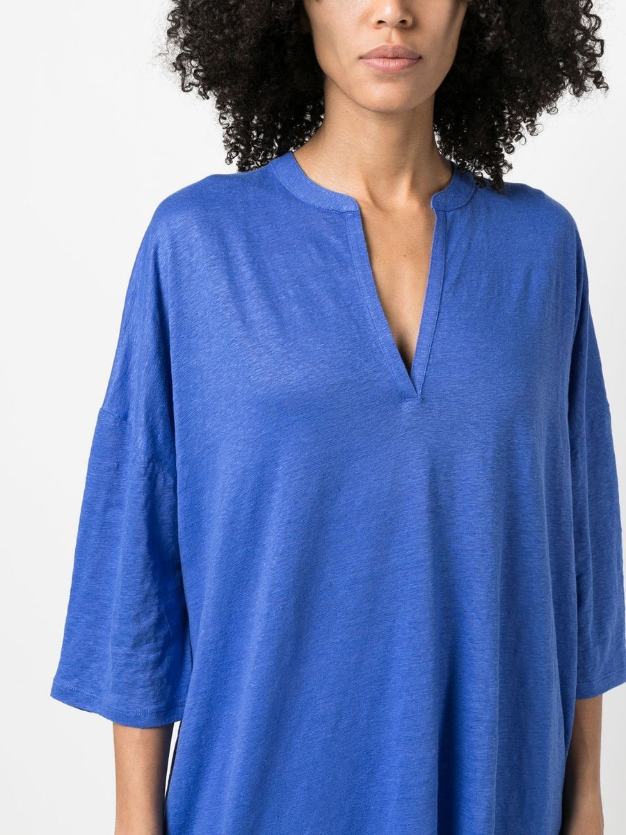 Majestic Linen Blend Tunic Dress for Women with Three Quarter Sleeves and Breathable V Neck Comfort
