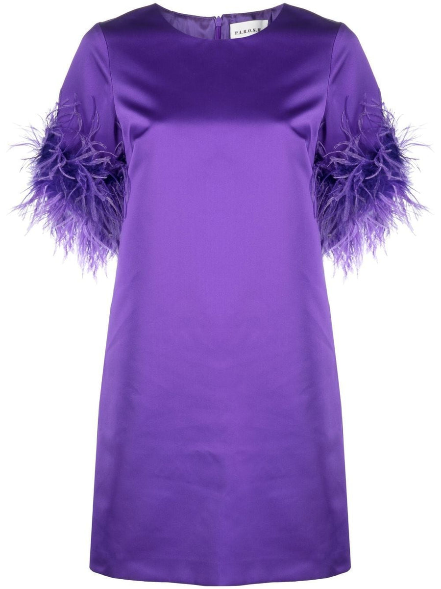 P.A.R.O.S.H. Feathered Mini Dress Luxe Violet Satin With Ostrich Feather Trim For Fashion Forward Women