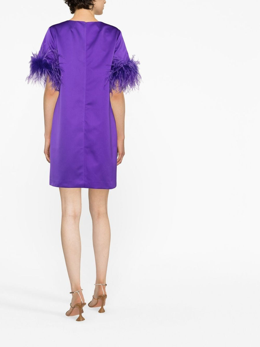 P.A.R.O.S.H. Feathered Mini Dress Luxe Violet Satin With Ostrich Feather Trim For Fashion Forward Women