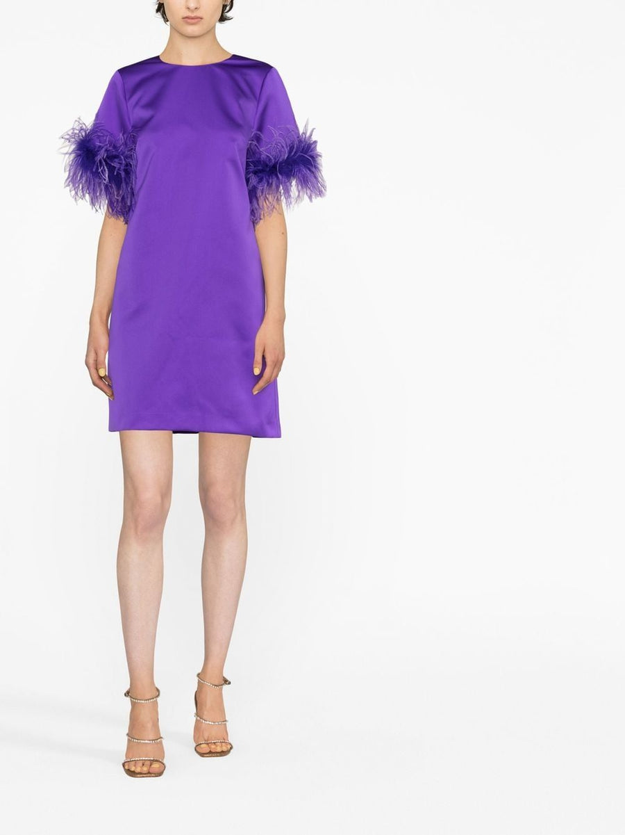 P.A.R.O.S.H. Feathered Mini Dress Luxe Violet Satin With Ostrich Feather Trim For Fashion Forward Women