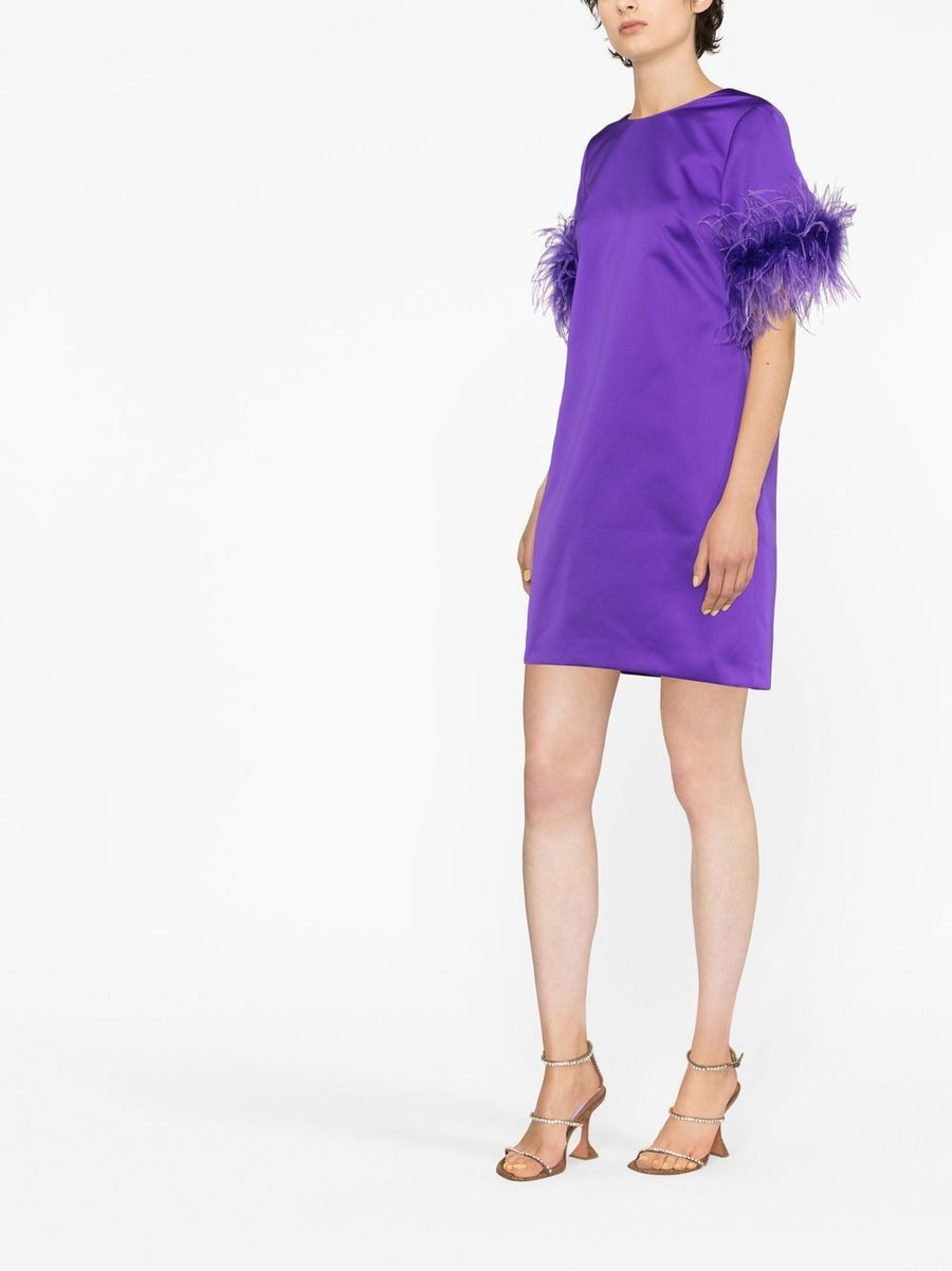 P.A.R.O.S.H. Feathered Mini Dress Luxe Violet Satin With Ostrich Feather Trim For Fashion Forward Women