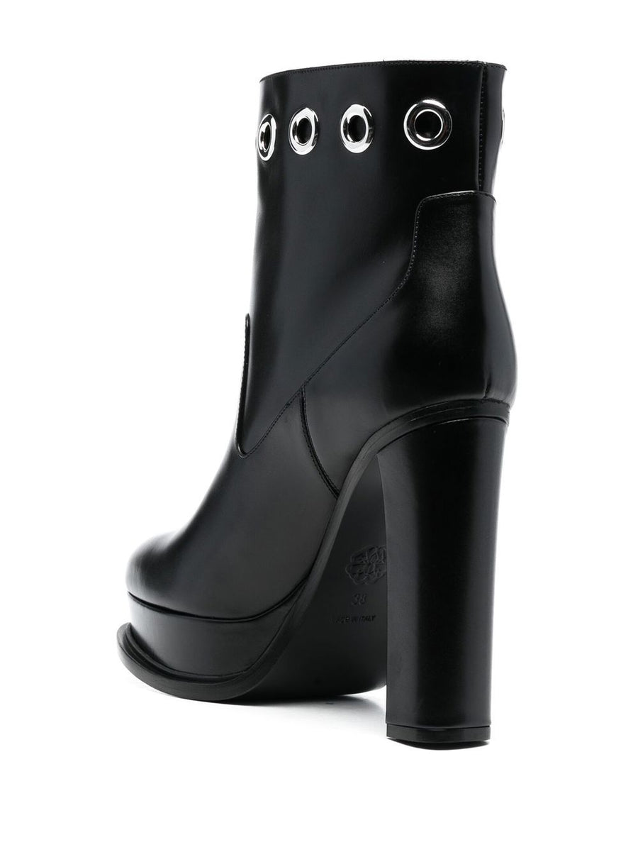 Alexander McQueen Heeled Ankle Boots For Women In Black Calf Leather With Almond Toe And Bold Silhouette
