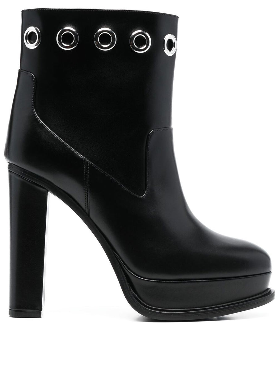 Alexander McQueen Heeled Ankle Boots For Women In Black Calf Leather With Almond Toe And Bold Silhouette