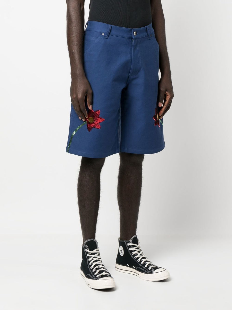 Embroidered Denim Shorts For Men Sky High Farm Workwear Royal Blue Knee Length Rugged Comfort And Versatility