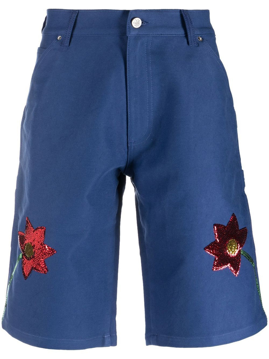 Embroidered Denim Shorts For Men Sky High Farm Workwear Royal Blue Knee Length Rugged Comfort And Versatility