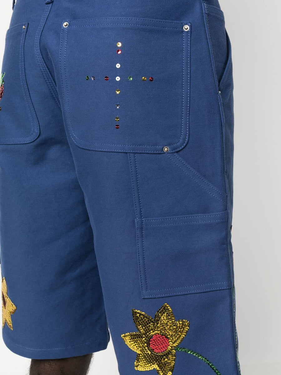 Embroidered Denim Shorts For Men Sky High Farm Workwear Royal Blue Knee Length Rugged Comfort And Versatility
