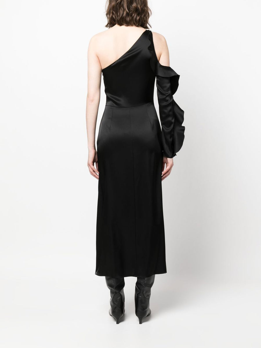 David Koma One Shoulder Ruffle Midi Dress Black Satin for Women Elegant Eveningwear