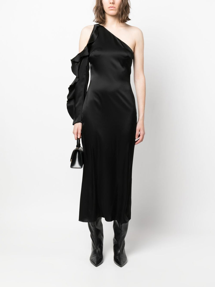 David Koma One Shoulder Ruffle Midi Dress Black Satin for Women Elegant Eveningwear