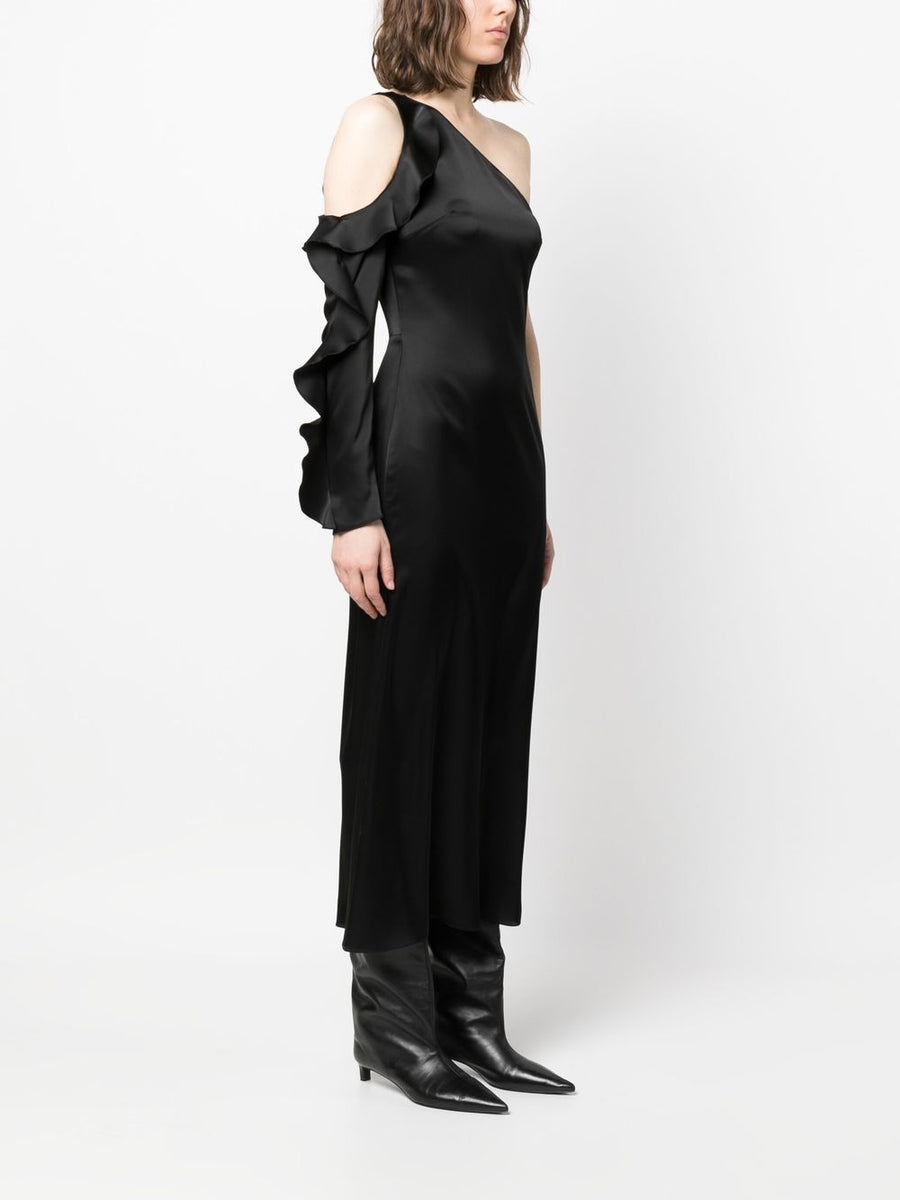 David Koma One Shoulder Ruffle Midi Dress Black Satin for Women Elegant Eveningwear