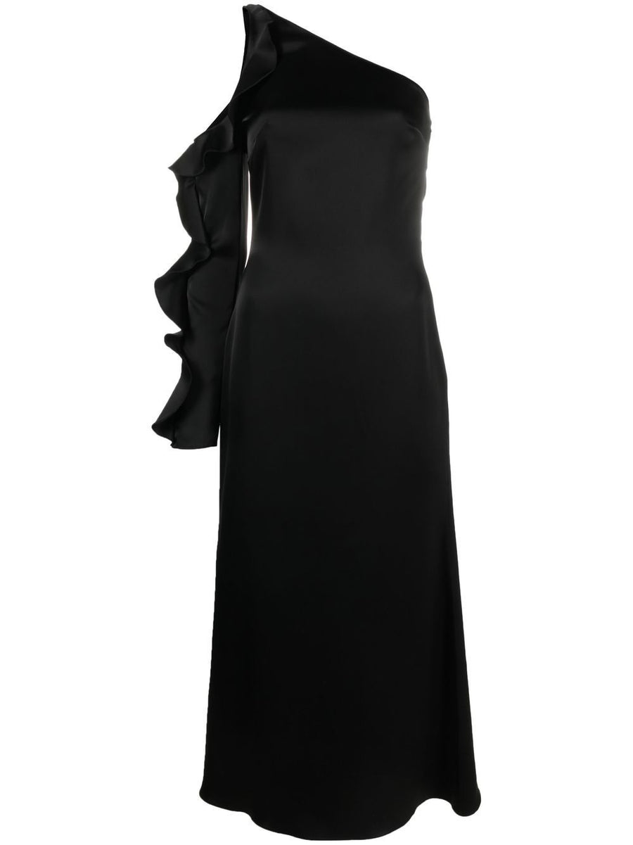 David Koma One Shoulder Ruffle Midi Dress Black Satin for Women Elegant Eveningwear