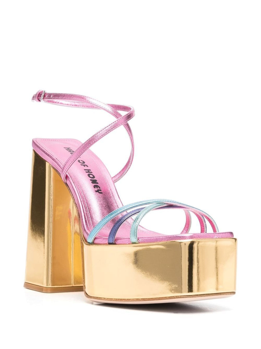Mirror Leather Sandals Gold Foil Color Block By Haus Of Honey For Women Glam With Platform Heel