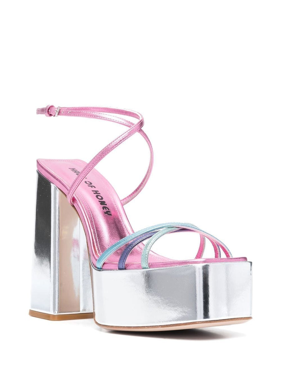 Haus Of Honey Wannabe Mirror Leather Sandals For Women With Strappy Silver Platform Glam