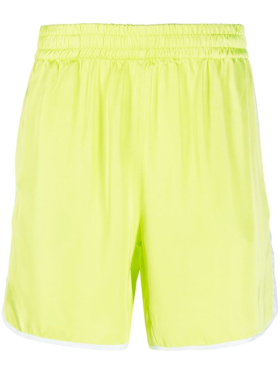 Blue Sky Inn Track Shorts For Men Bold Lime Green And White Color Block Satin Finish Thigh Length Athleisure