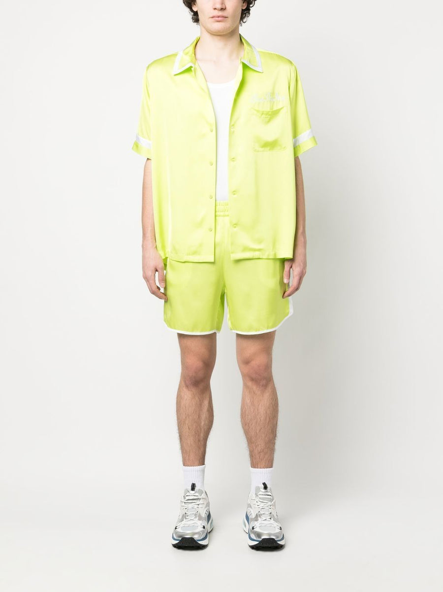Blue Sky Inn Track Shorts For Men Bold Lime Green And White Color Block Satin Finish Thigh Length Athleisure