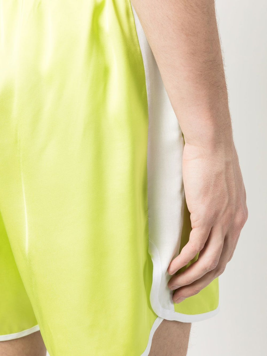 Blue Sky Inn Track Shorts For Men Bold Lime Green And White Color Block Satin Finish Thigh Length Athleisure