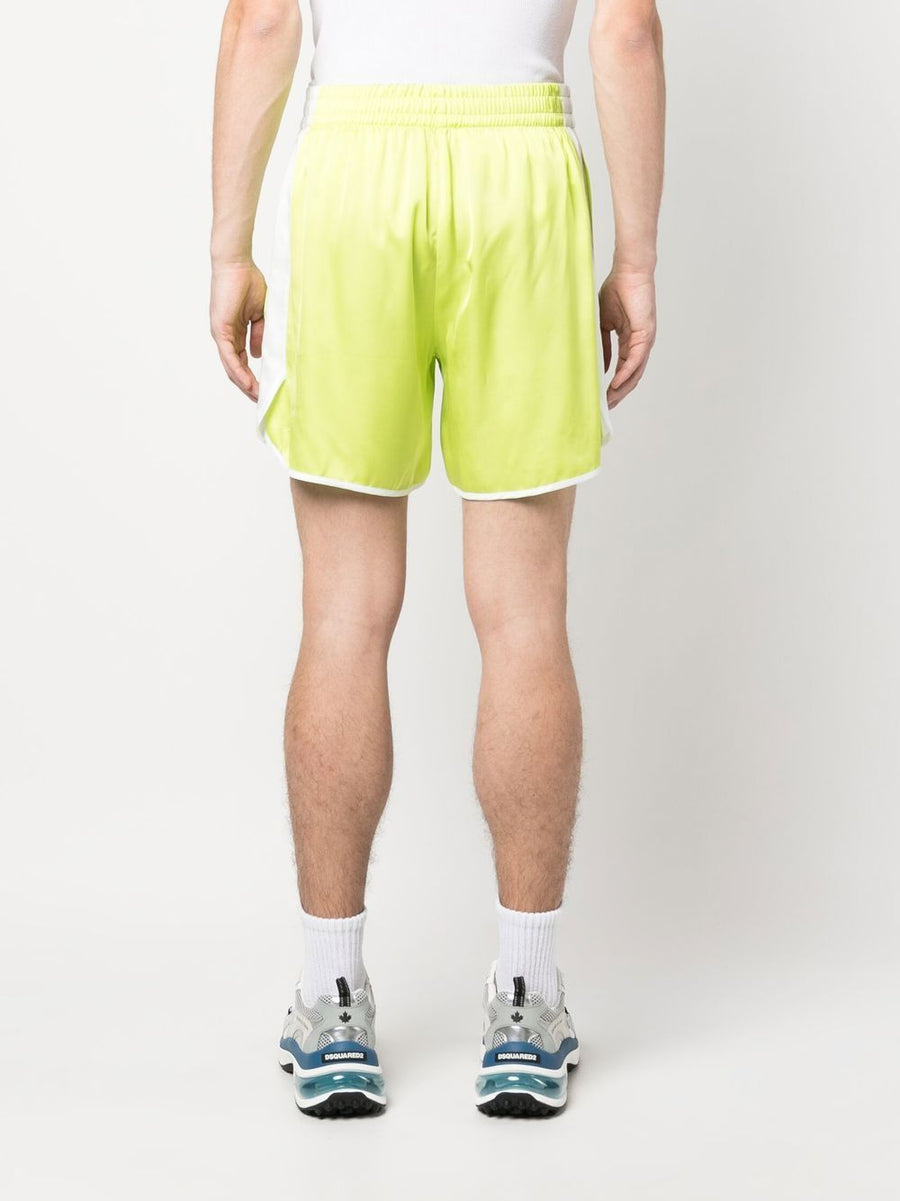 Blue Sky Inn Track Shorts For Men Bold Lime Green And White Color Block Satin Finish Thigh Length Athleisure