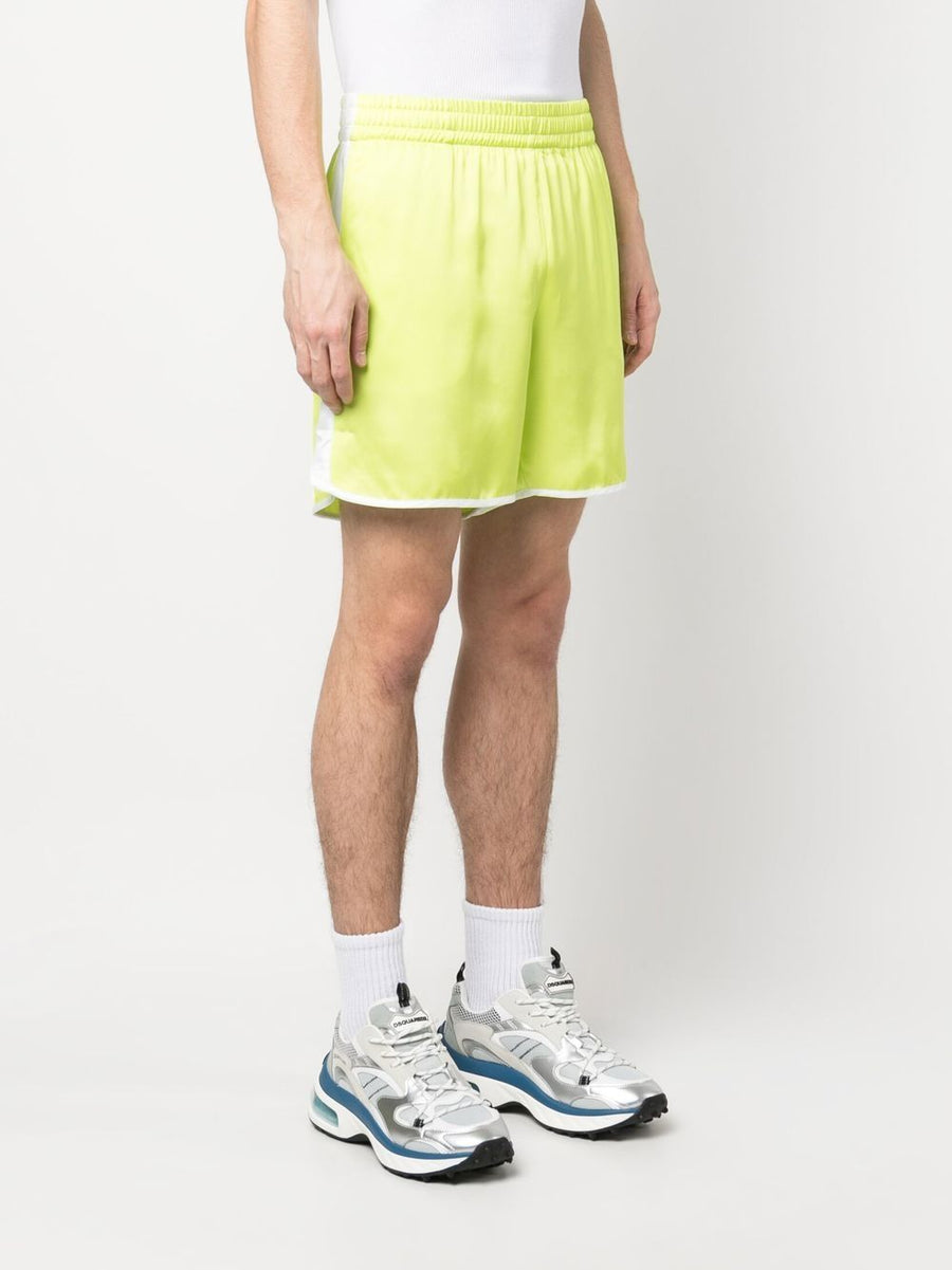 Blue Sky Inn Track Shorts For Men Bold Lime Green And White Color Block Satin Finish Thigh Length Athleisure