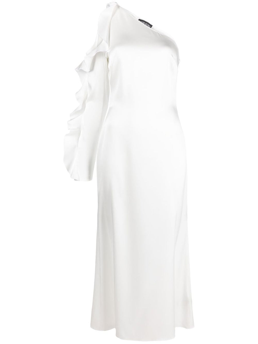 David Koma One Shoulder Midi Dress With Ruffle Detail Ivory Satin For Women Eveningwear