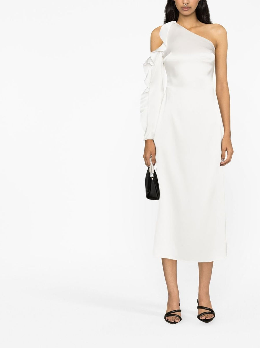 David Koma One Shoulder Midi Dress With Ruffle Detail Ivory Satin For Women Eveningwear