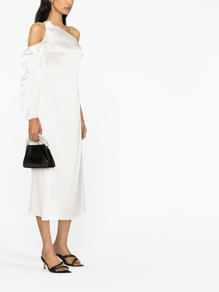 David Koma One Shoulder Midi Dress With Ruffle Detail Ivory Satin For Women Eveningwear