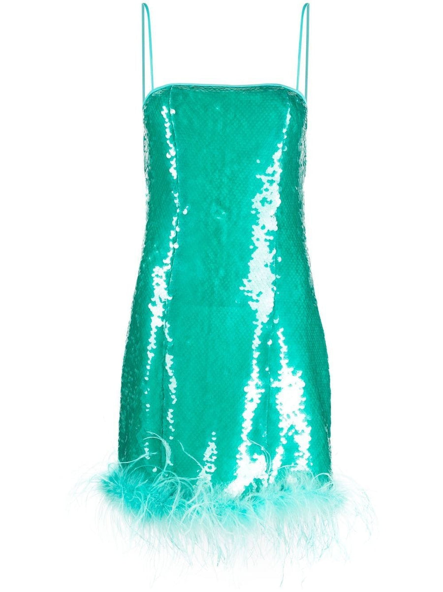 Giuseppe Di Morabito Feather Detail Short Dress For Women With Aqua Sequin Embellishment And Square Neck