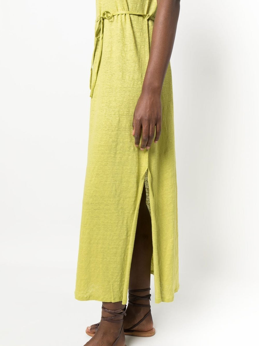 Majestic Filatures Linen Blend Long Dress For Women With Versatile Belted Waist And Side Slit In Green