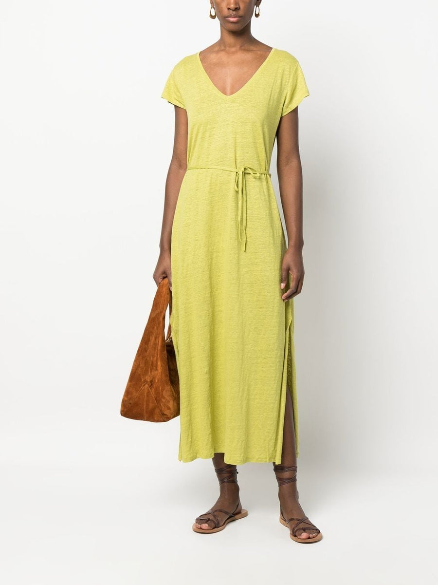 Majestic Filatures Linen Blend Long Dress For Women With Versatile Belted Waist And Side Slit In Green