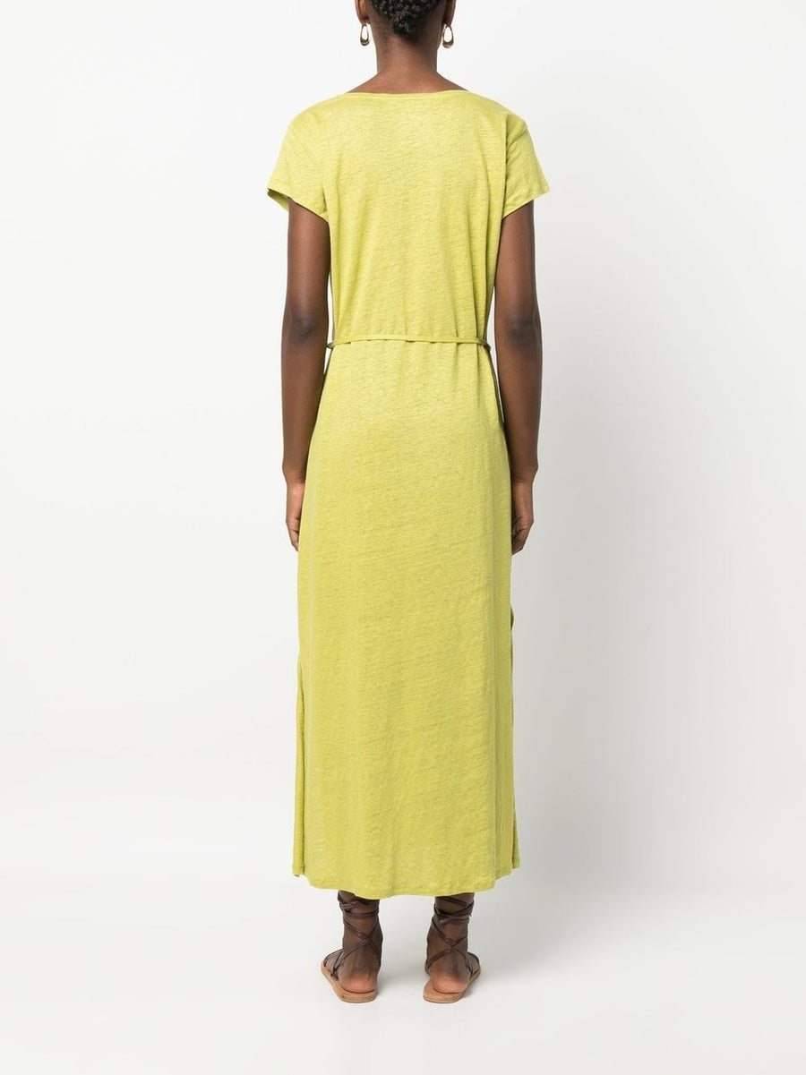 Majestic Filatures Linen Blend Long Dress For Women With Versatile Belted Waist And Side Slit In Green