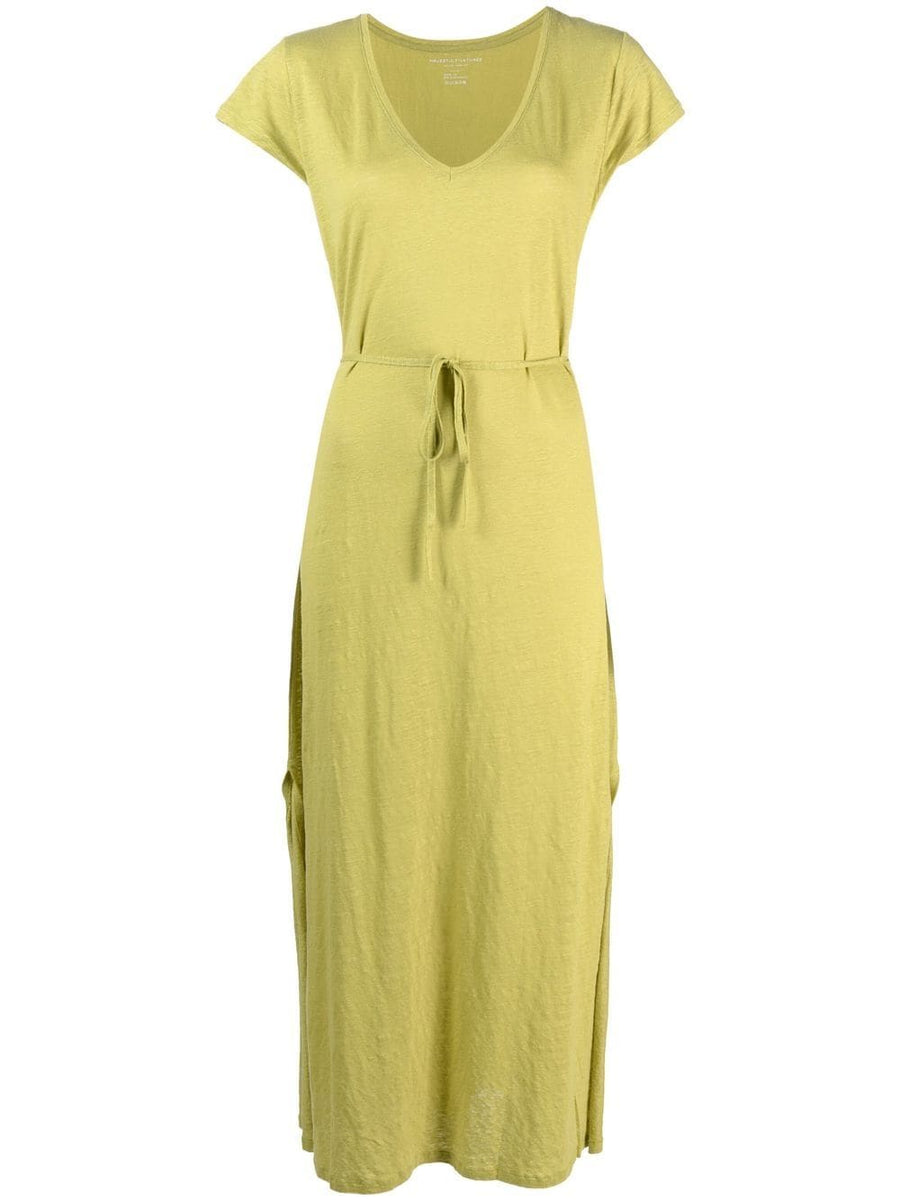 Majestic Filatures Linen Blend Long Dress For Women With Versatile Belted Waist And Side Slit In Green
