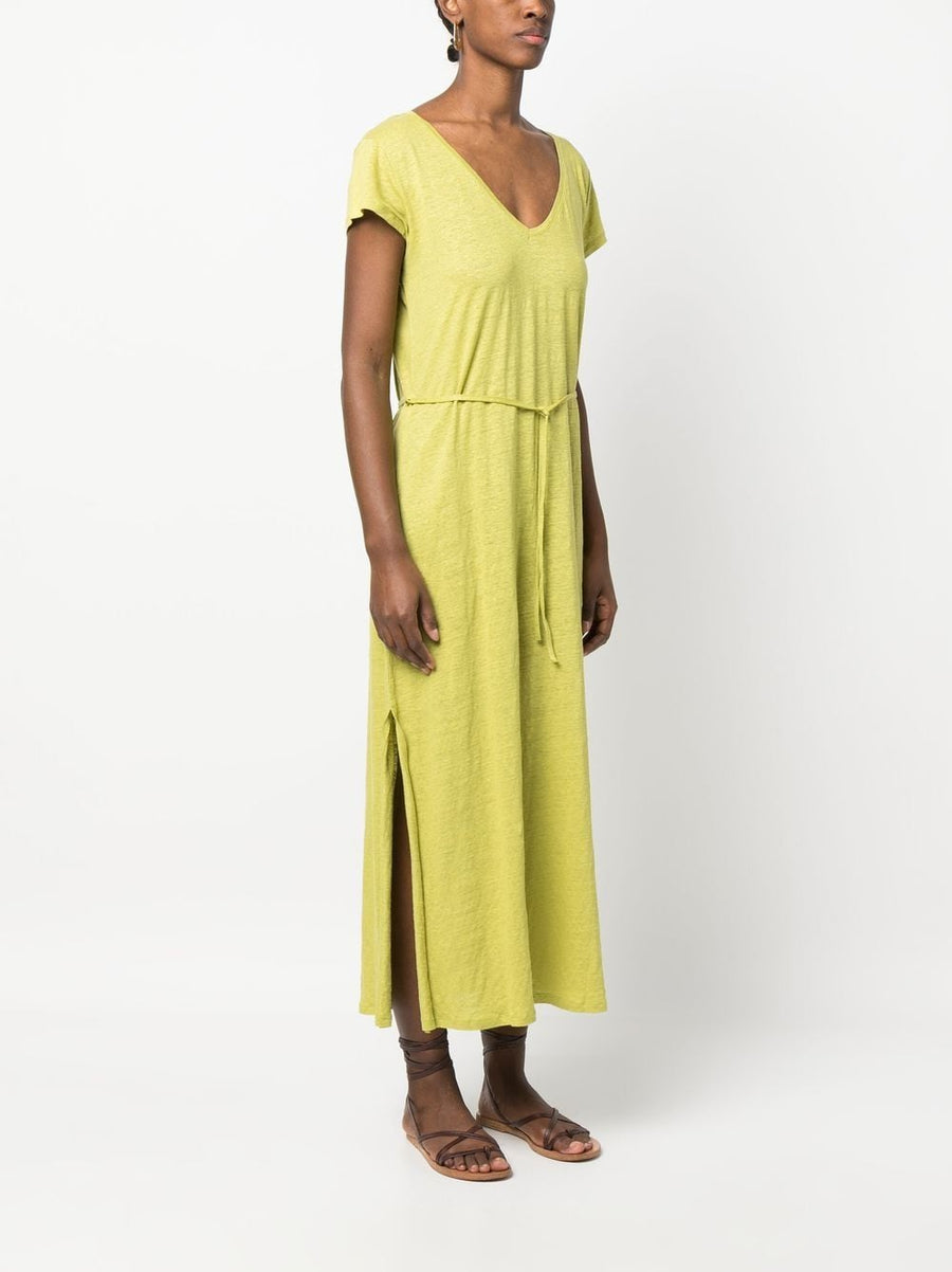 Majestic Filatures Linen Blend Long Dress For Women With Versatile Belted Waist And Side Slit In Green